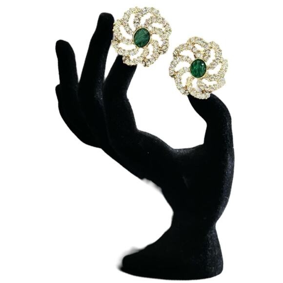 Vintage Emerald And Clear Crystal Round Floral Pendant Earrings - Picture 1 of 9